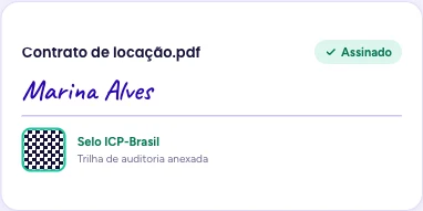 Tela do Synexis Sign: contrato assinado, com a identificação do signatário e o lacre do documento em ICP-Brasil